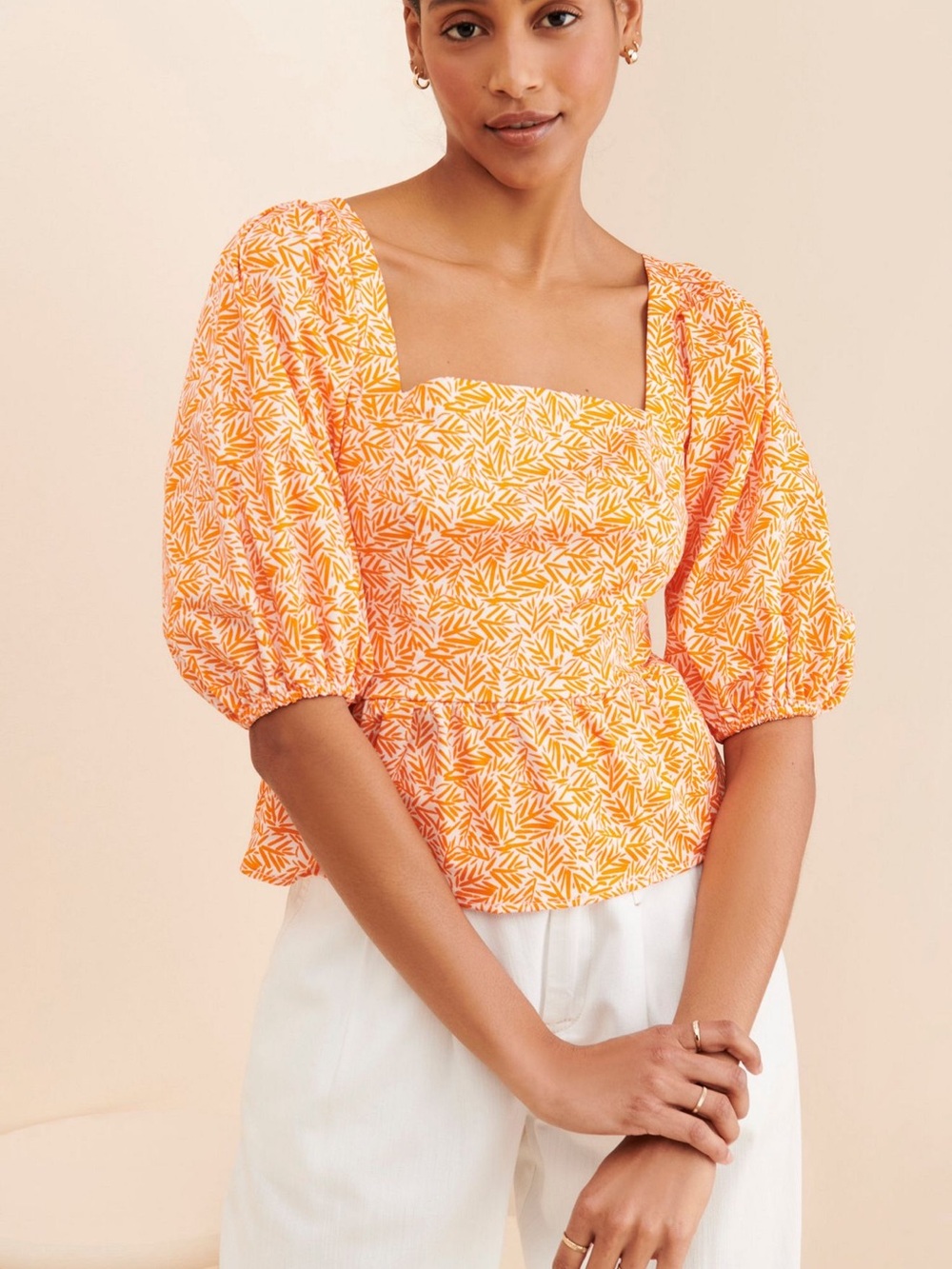 Hutch Orange Tie Back Square-Neck Puff Sleeve Peplum Top XS